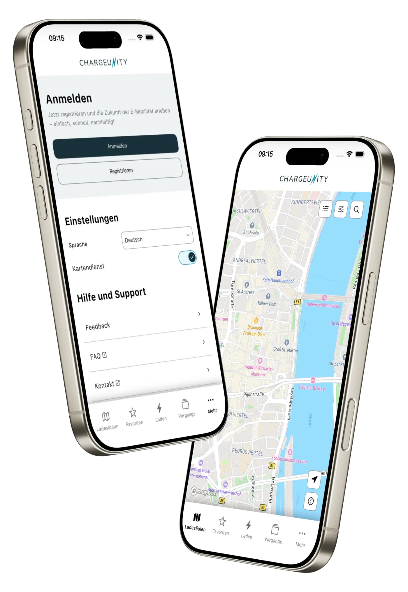 CHARGEUNITY App auf zwei Smartphones: Anmeldung und Ladesäulen-Karte